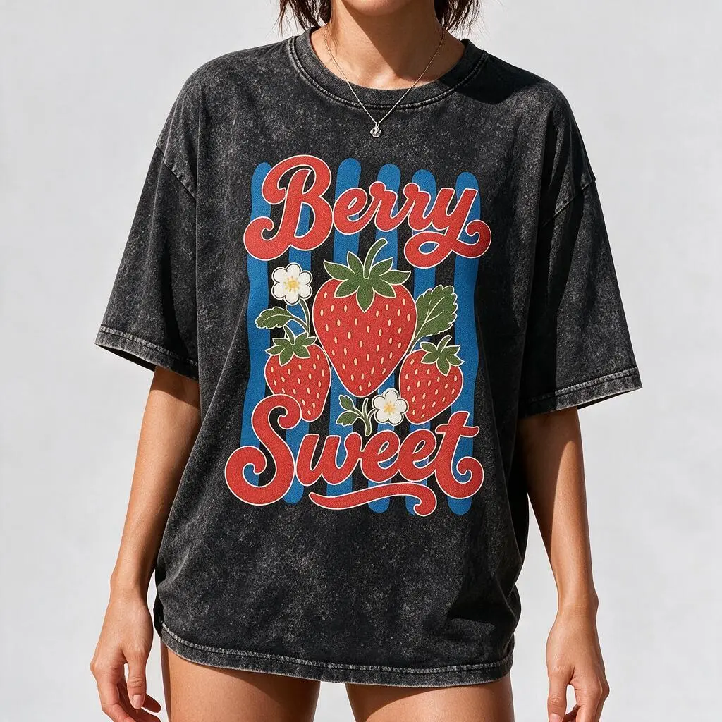 Preppy Vintage Strawberry Graphic Tee Sweet Berry Summer Fruit T Shirt Unisex 100 Percent Cotton Short Sleeve Top Y2K Aesthetic Streetwear Casual Beach Vacation Daily Hangout Trendy Outfit