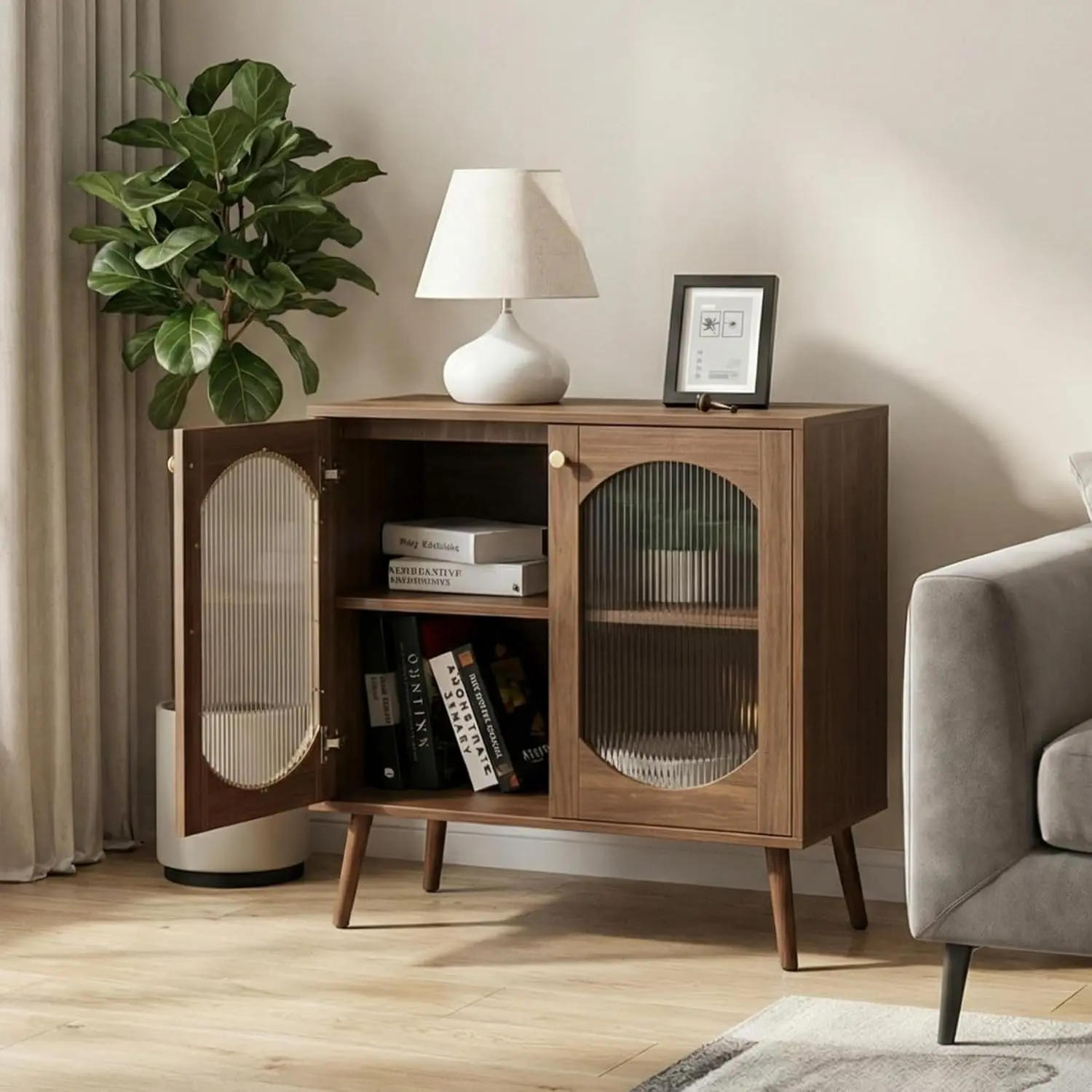 Contemporary Walnut Sideboard Cabinet with Glass Doors - Storage Cabinet for Living Room, Dining Room, Hallway, Wood Laminate Floor-Standing Display Cabinet, walnut ﻿