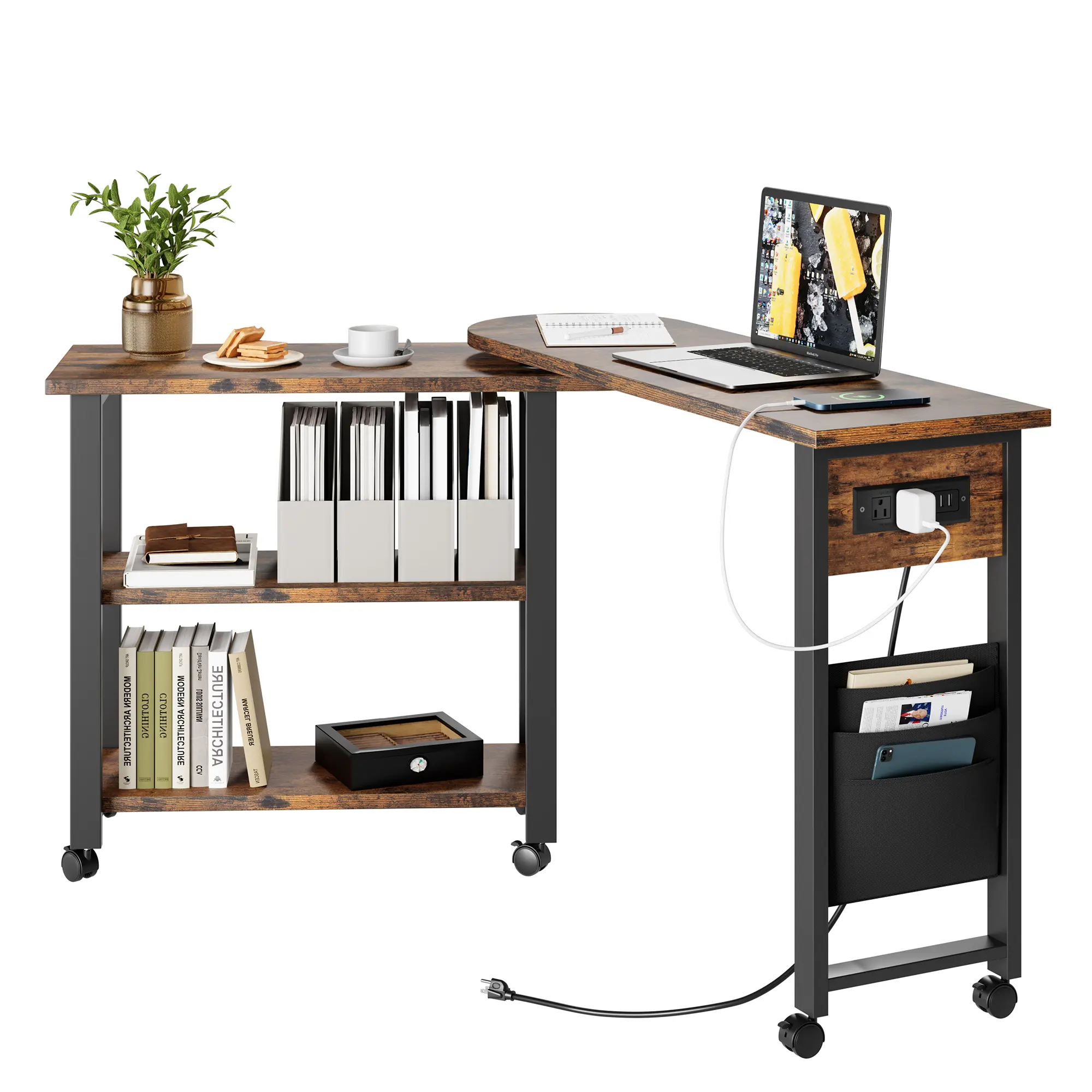 360° Rotating Sofa Side Table with Charging Station, 2-Tier Storage Swivel Rolling Desk with Metal Frame and Wheels