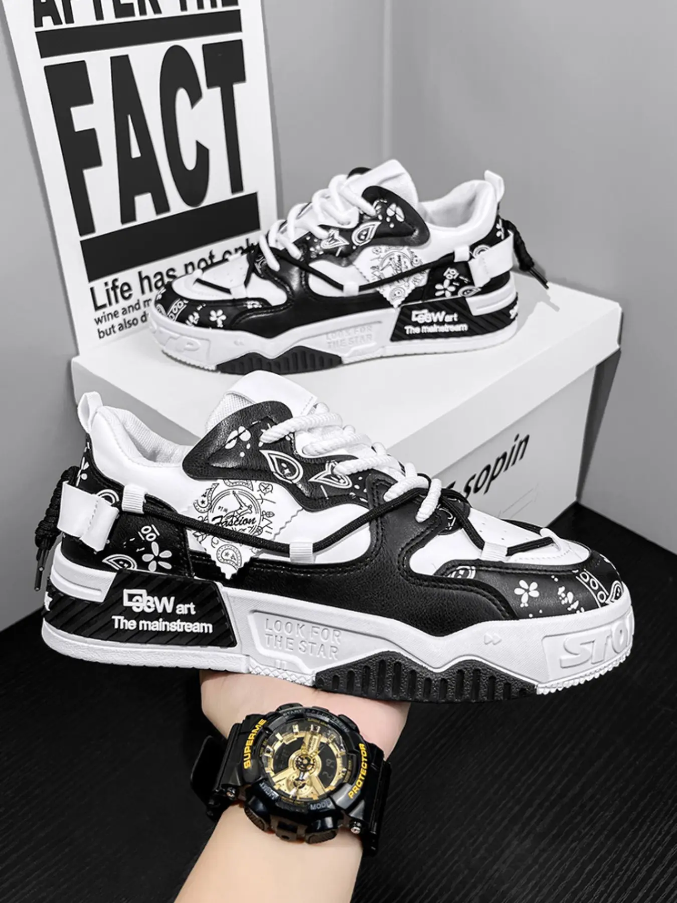 2026 New Men Vintage Print Platform Skate Shoes, Casual Skateboarding Shoes, Dual Drawstring Ribbon Decor, Color Contrast Patchwork, Serrated Thick Sole, Anti-Slip Lightweight Casual Sneakers for Teens Daily Commute, School, Hip Hop Street & Outdoor Wear