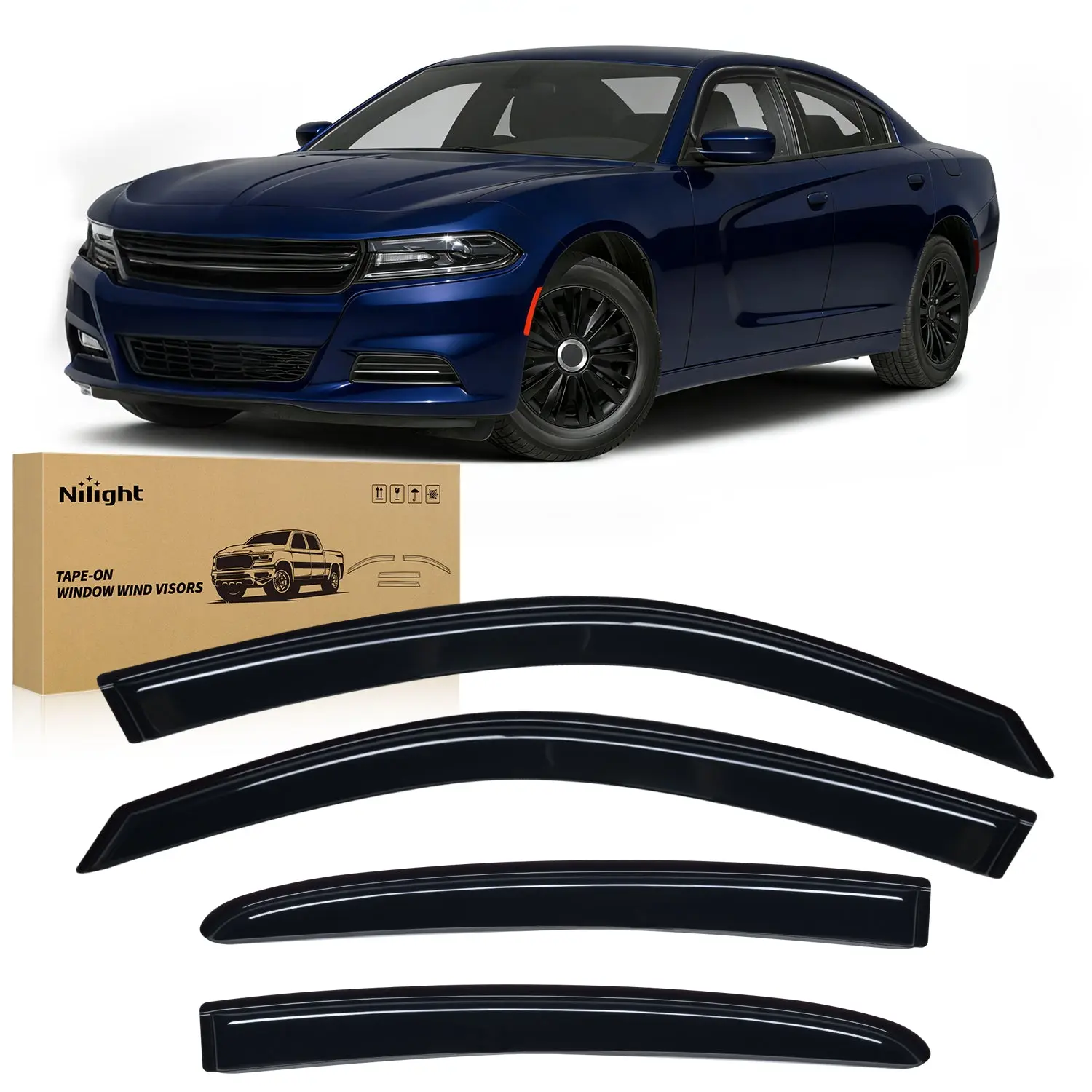 Nilight Window Rain Guards for Dodge Charger 2011-2023 Car, Tape-On Vent Visors - 4PCS, Keep Rain Out, Prevent Mirror Fogging, Reduce Wind Noise