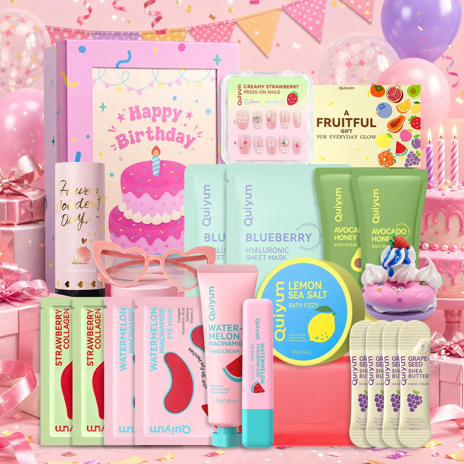 Quiyum Spa Gift Set, Self Care Birthday Gift Box for Teen Girls & Girlfriend, Fruity Skincare Kit with Sheet Masks, Hand Cream, Lip Balm, Bath Fizzy, Press On Nails, Relaxing Pampering Kit for Women Birthday Presents