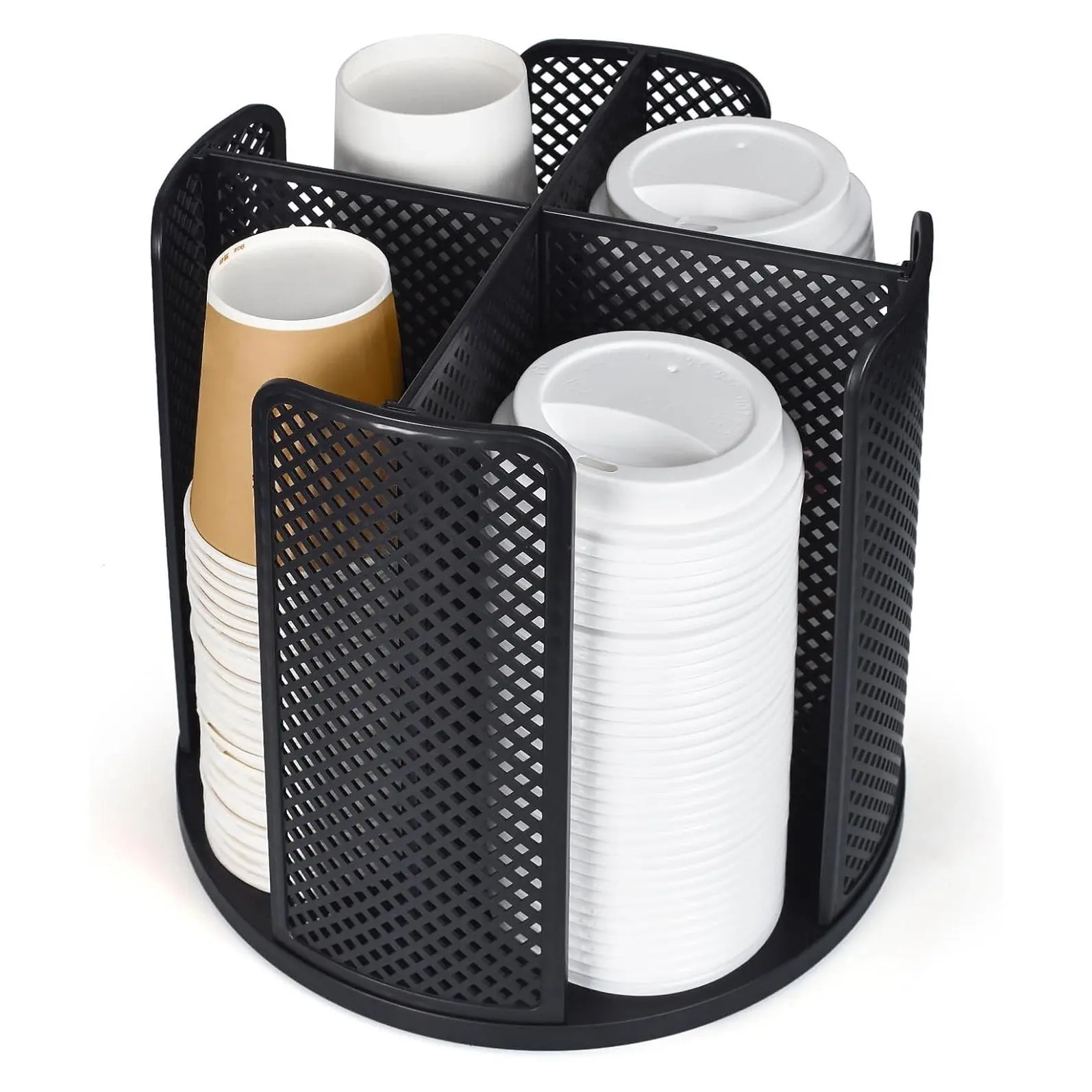 360° Rotating Cup and Lid Organizer for 5-16 oz Disposable Cups with 4 Detachable Compartments, Countertop Coffee Cup Dispenser, BlackGift