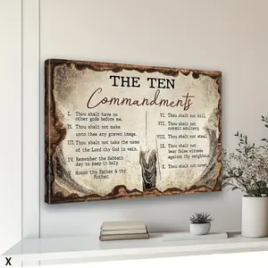 The physical product is a 2D flat, framed, Ten Commandments mural. It features 10 commandments from the Christian Bible and religious scripture images. It is a framed canvas print suitable for wall decoration in churches, living rooms, bedrooms, and offic