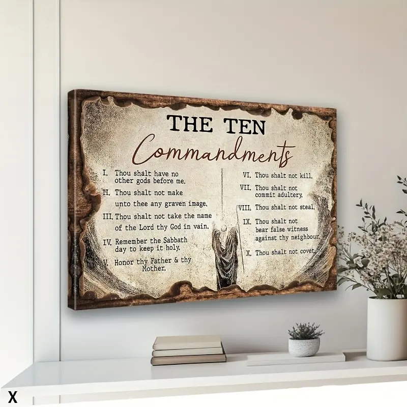 Framed 2D Christian 10 Commandments Canvas Print - Religious Wood-Framed Scripture Art, Decorative Faith Decoration for Home, Church (Ideal for Thanksgiving, Chinese New Year, Easter)