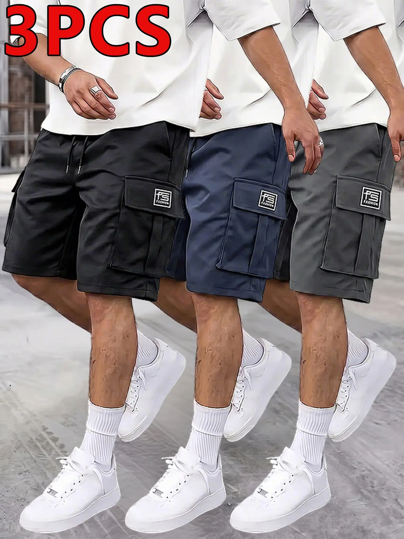 Men's 3-Pack Practical Loose Cargo Shorts, Drawstring Athletic Shorts, Large Side Pockets, Drawstring Waist, Casual Athleisure Street Style, Sportswear, Geometric, Summer Outdoor Sports