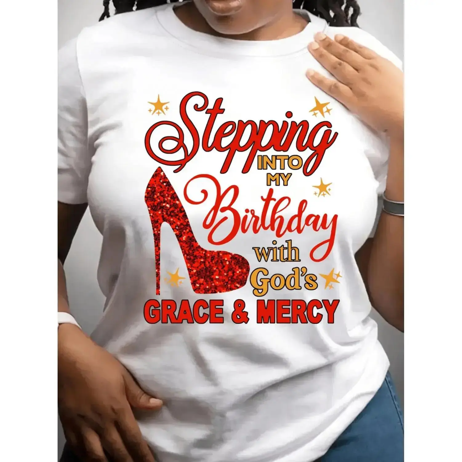 Women's Plus Size Oversized Light Cargo Style Short Sleeve Crew Neck T-Shirt - "Stepping into My Birthday" Graphic Print, Comfortable Breathable Smooth Polyester Medium Stretch Fabric, 1-Piece All Season Essential Fit, Machine Washable