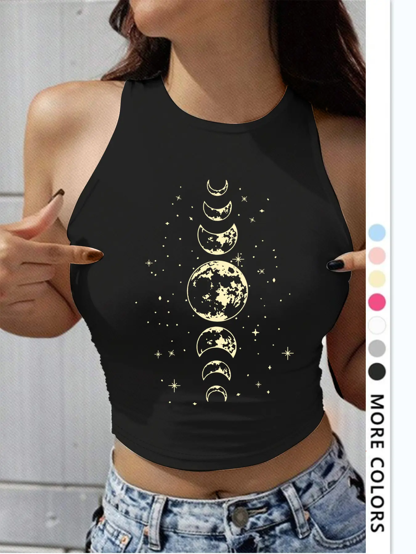Women's Moon & Star Print Round Neck Tank Top, Casual Sleeveless Graphic Top for Summer, Ladies Clothes for Daily Wear, Sleeveless Vest Tops