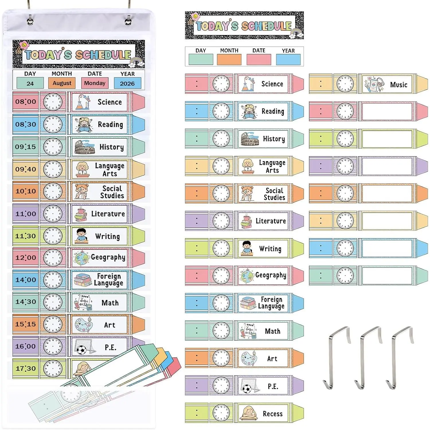 Daily Visual Schedule Chart with Pocket Kit Pastel Crayon Notebook Classroom Decor 13+1 Pockets Scheduling Chart with 23 Cards Management Routine Calendar for  to School Office Wall Door