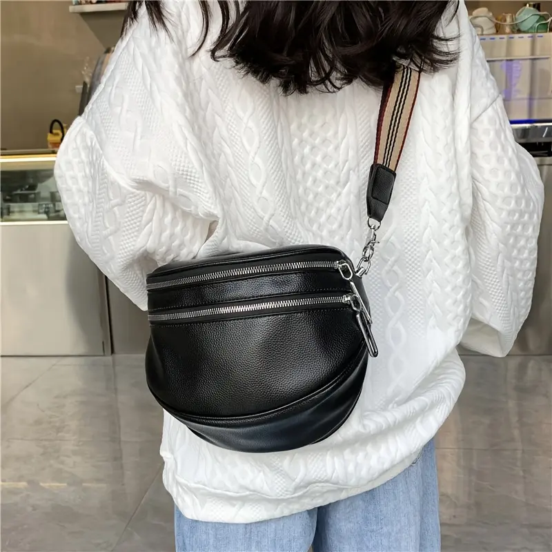 Chic Black PU Leather Sling Bag for Women, Large Capacity Multi-Zip Crossbody Purse with Woven Strap, Casual Chest Pack Messenger Bag for Daily Commute & Shopping