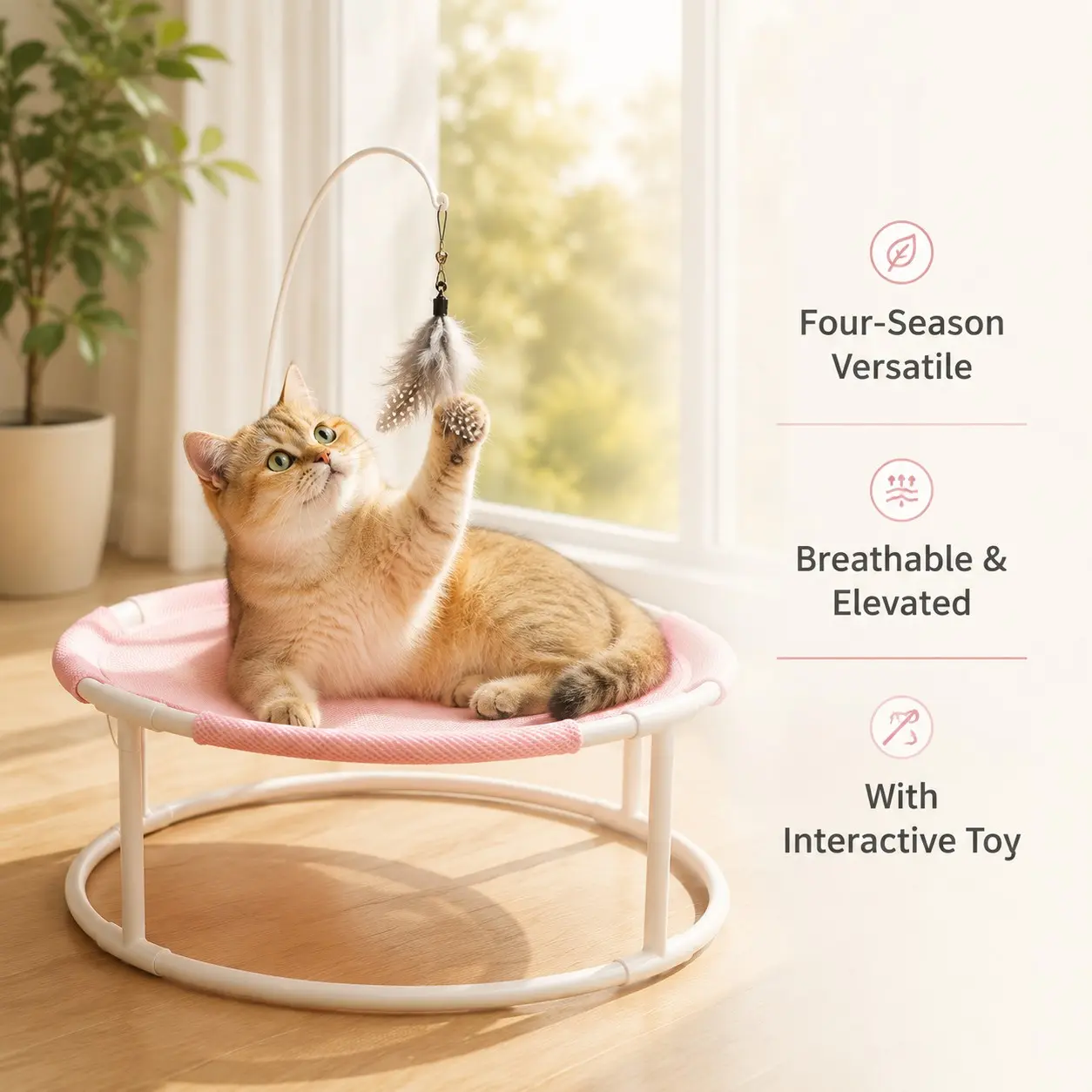 Breathable Mesh Washable Cat Hammock with Interactive Feather Toy, Hanging Cat Bed for Small to Medium Cats, Comfortable and Durable Home