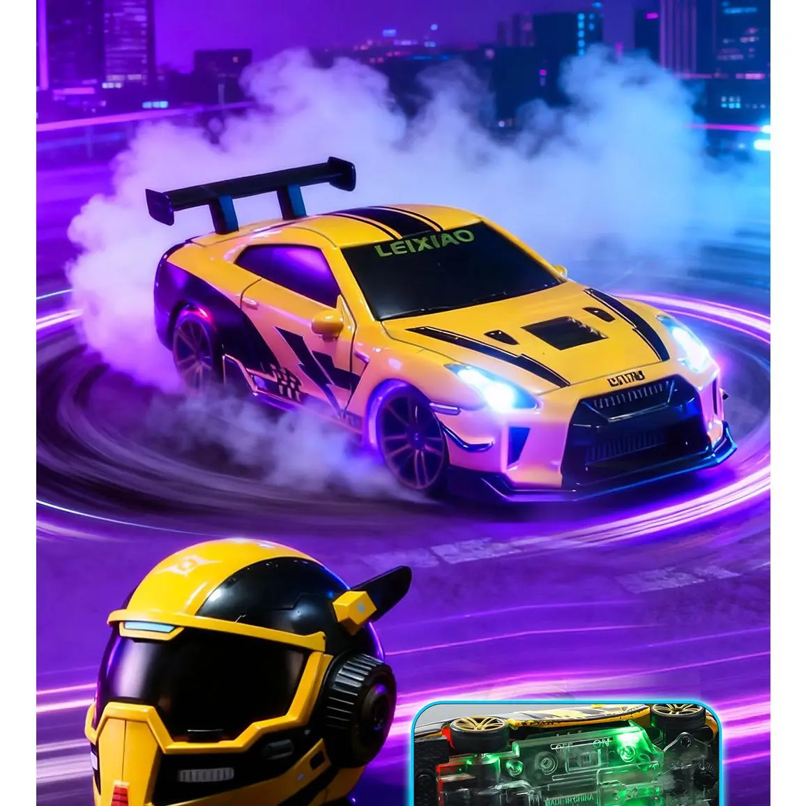 1:64 Scale Drift Car Alloy Remote Control Car with APP Anime Helmet Decor Light Storage Collectible Toy Vehicle