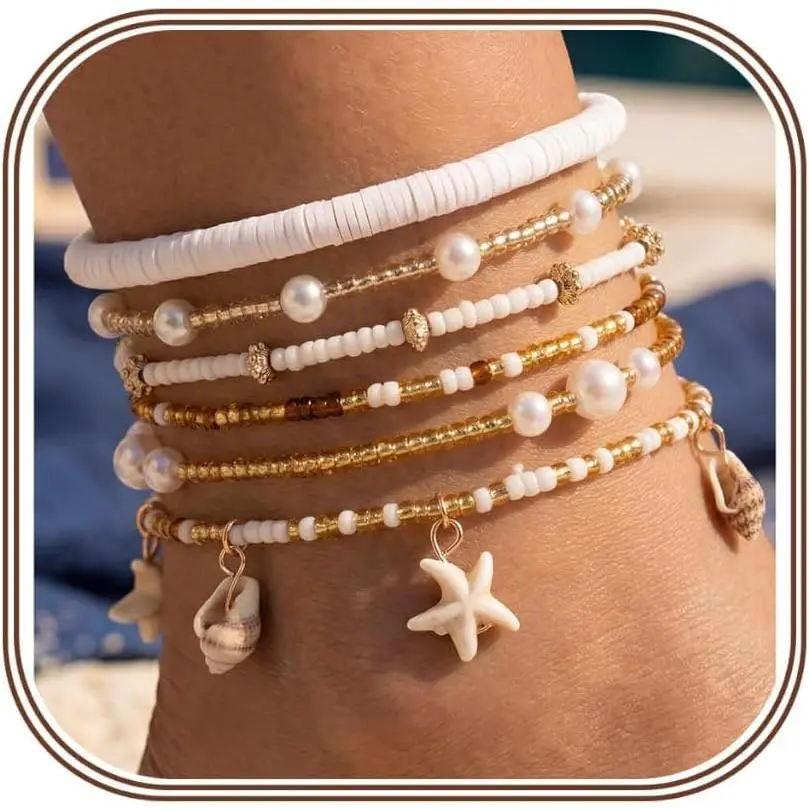 Women's Fansilver 6-Piece Layered Anklet Set - Waterproof Elastic Beaded Anklets with Beading, Handmade Boho Seashells Starfish Beach Jewelry, 22cm Stretch Summer Vacation Accessory