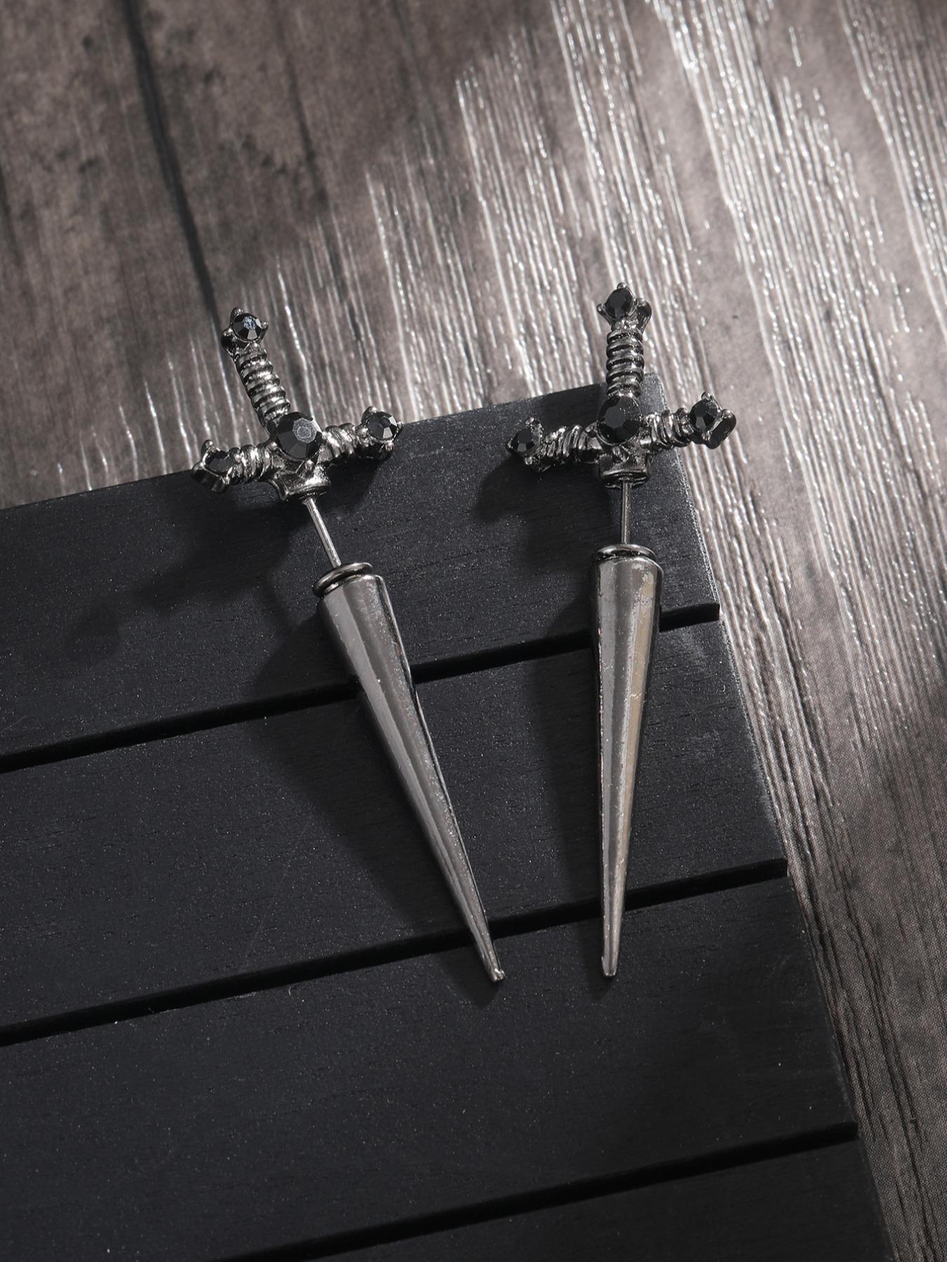 Artificial Crystal Decorated Gothic Sword Stud Earrings, 1 Pair Vintage Punk Jewelry for Women for Party, Daily Clothing Decor, Trendy All-match & Exquisite Jewelry for Birthday Gift, Cross Dangle Earring