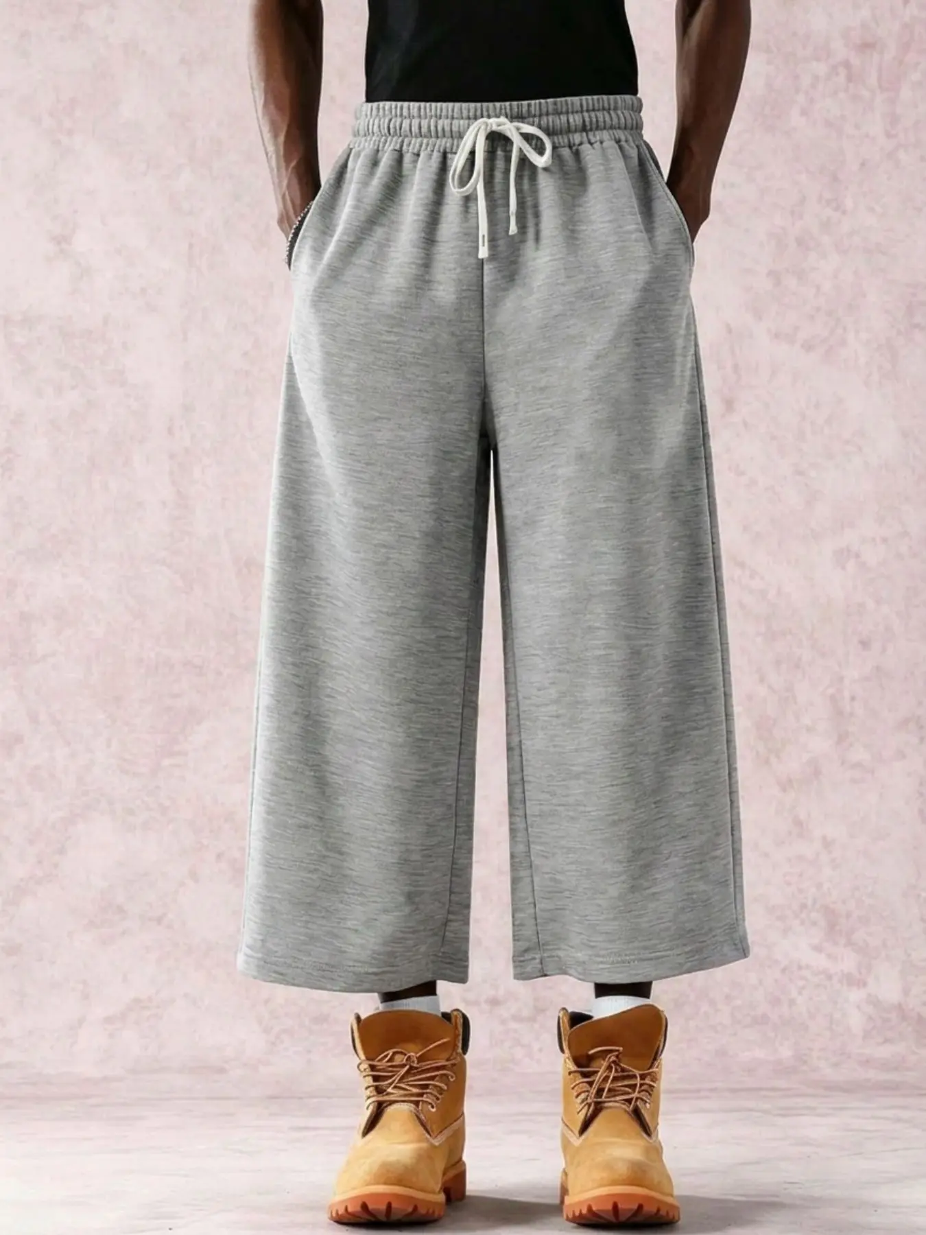 1 Piece Men's Baggy Cropped Pants High Street Opium Style Solid Wide Leg Drawstring Trousers Male Skateboard Casual Capris Loose Fit Bottoms Grey