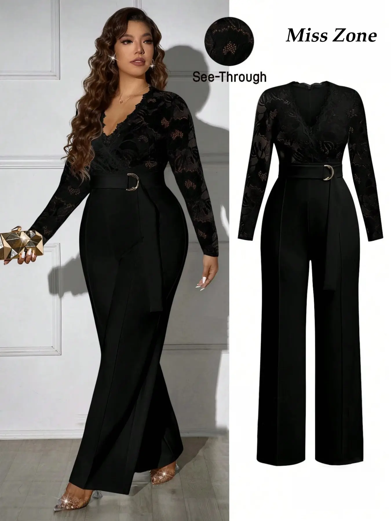Women's Plus Size Jumpsuit Sheer Lace Long Sleeve Wrap V-Neck Belted Wide Leg Pants Rompers Elegant Evening Party Workwear Trendy Chic Garment