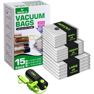 Vacuum Bags for Travel with USB & TYPE C Pump, Vacuum Seal Travel Bags, 15 Pack Carry-On Vacuum Bags for Luggaguitcase, Saver for Clothes & Travel(Green)