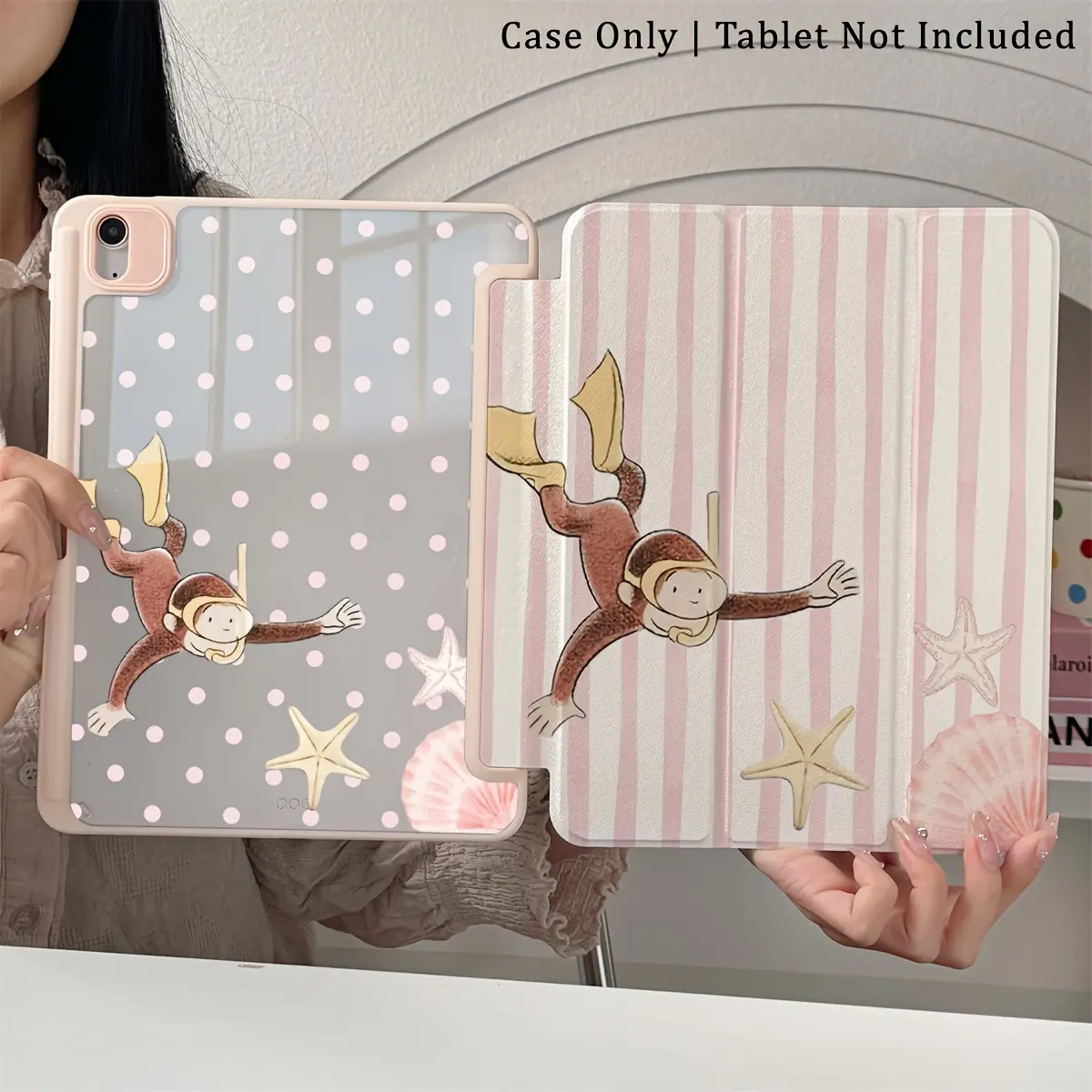"Diving Monkey" pattern case featuring an adjustable stand and stylus holder; a foldable, non-slip TPU protective cover compatible with Samsung, iPad mini, iPad Air, iPad Pro, and iPad (10th/11th Gen) series.