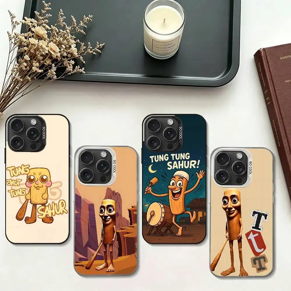 Tung Tung Tung Sahur Cartoon T Slim Color Silver Electroplated Shockproof Phone Case Designed for iPhone 11-17 Pro Max/Plus & Samsung Galaxy S23-S25