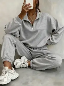 Oversized Half Zip Sweatshirt Jogger Pants Set Women Casual Loose Gray Tracksuit 2 Piece Outfit