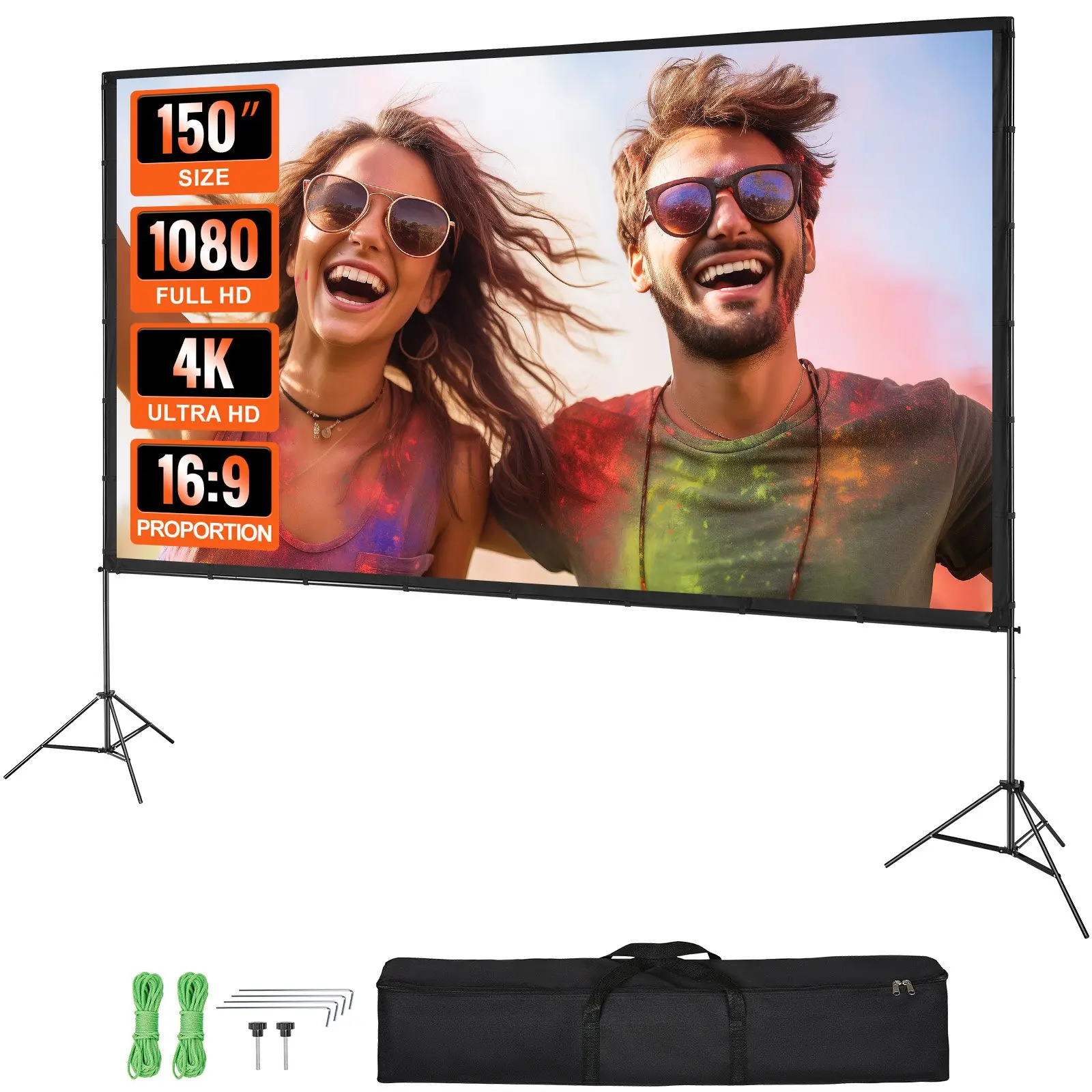 VEVOR Projector Screen with Stand, 150 inch 16: 9 4K 1080 HD Outdoor Movie Screen with Stand, Wrinkle-Free Projection Screen with Tripods and Carry Bag, for Home Theater Cinema Backyard Movie Night