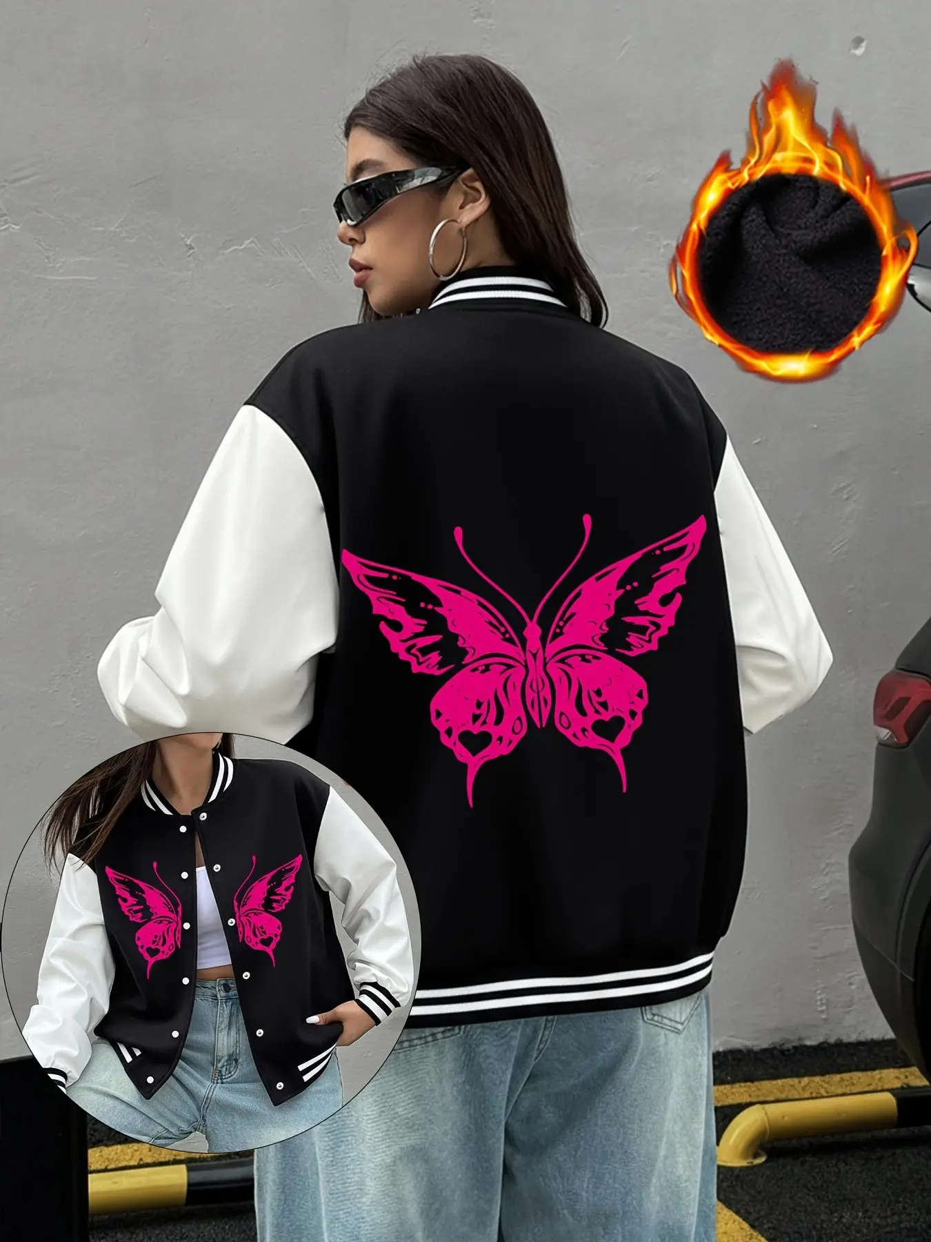 Women Color Block Varsity Jacket Y2K Hot Pink Butterfly Print Oversized Baseball Bomber Coat Streetwear Multiple Colors