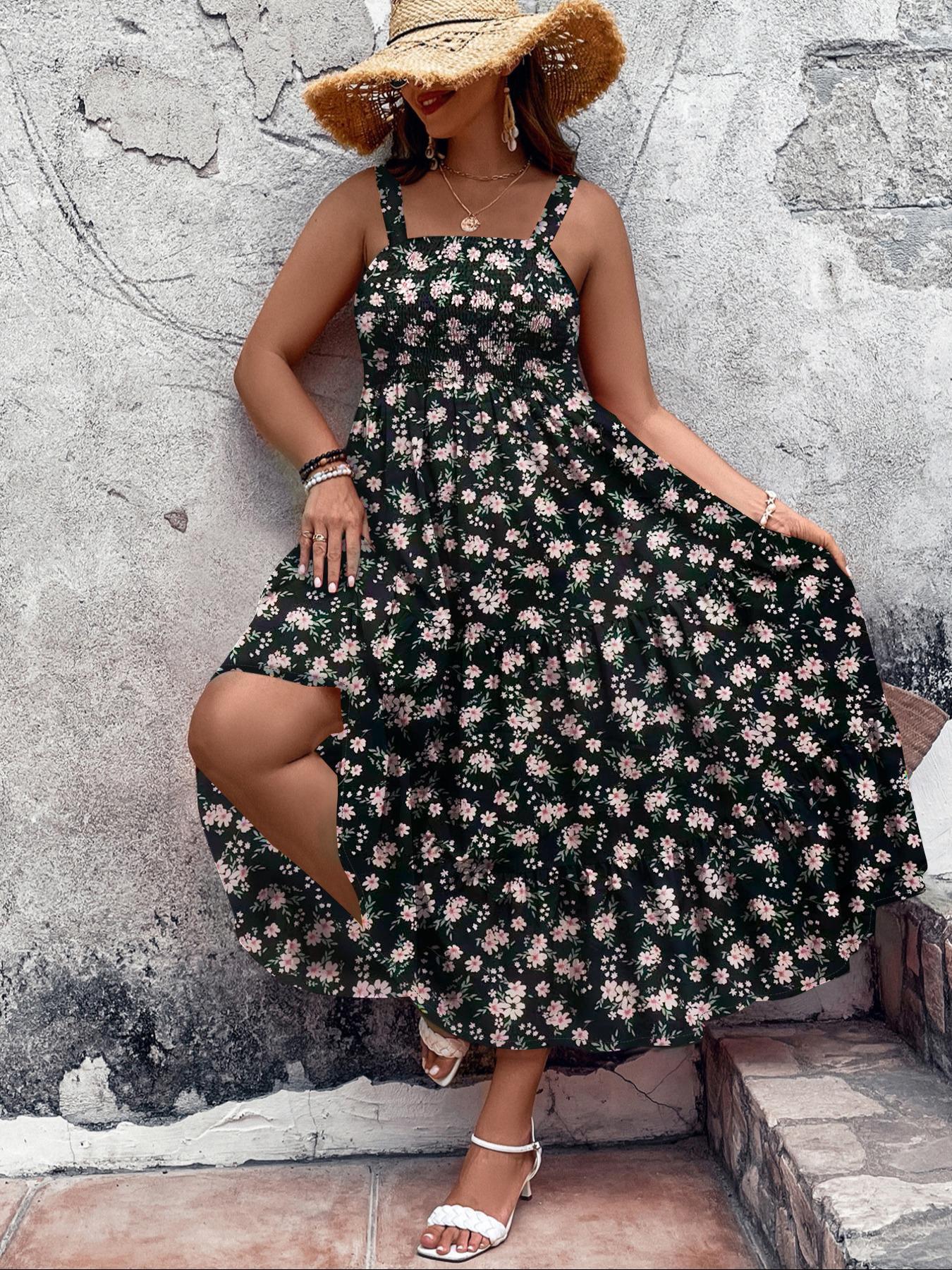 Women's Plus Size Solid Bohemian Shirred Tiered Layer Cami Dress, Elegant Ruffle Hem High Waist A-line Dress for Beach Holiday, Women's Clothes for All Seasons