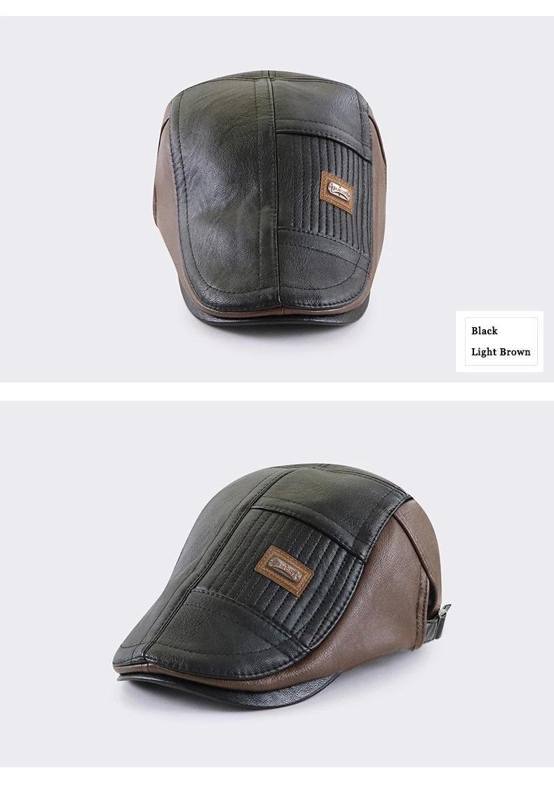 PU Leather Beret Hat Men Autumn Winter Faux Leather Duckbill Newsboy Cap Herringbone Middle-aged Men's Flat Peaked Cap For Dad