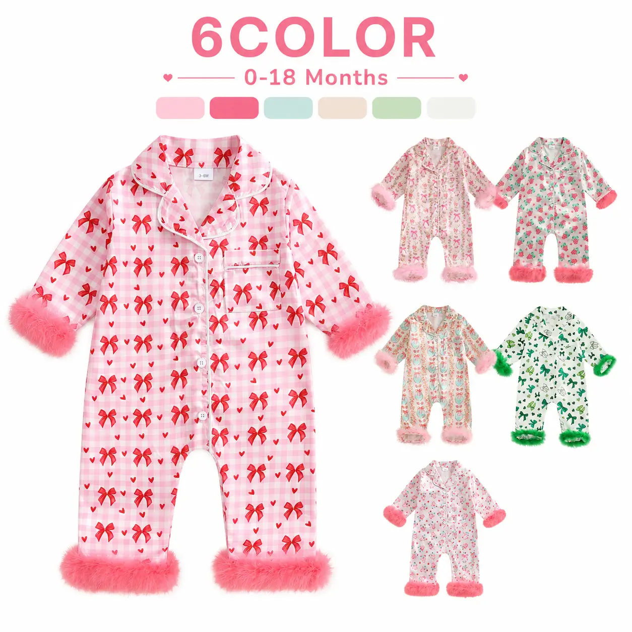 Newborn Baby Girl  Satin Pajama Romper 0-18M Lapel Button Jumpsuit Bow Heart Gingham Print Faux Fur Trim Long Sleeve Baby Sleepwear