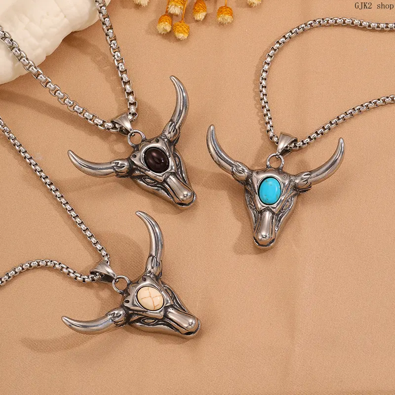 Antique Silver Tone Bull Skull Turquoise Pendant Necklace, Stainless Steel Box Chain Western Vintage Cow Head Necklace, Trendy Streetwear Jewelry