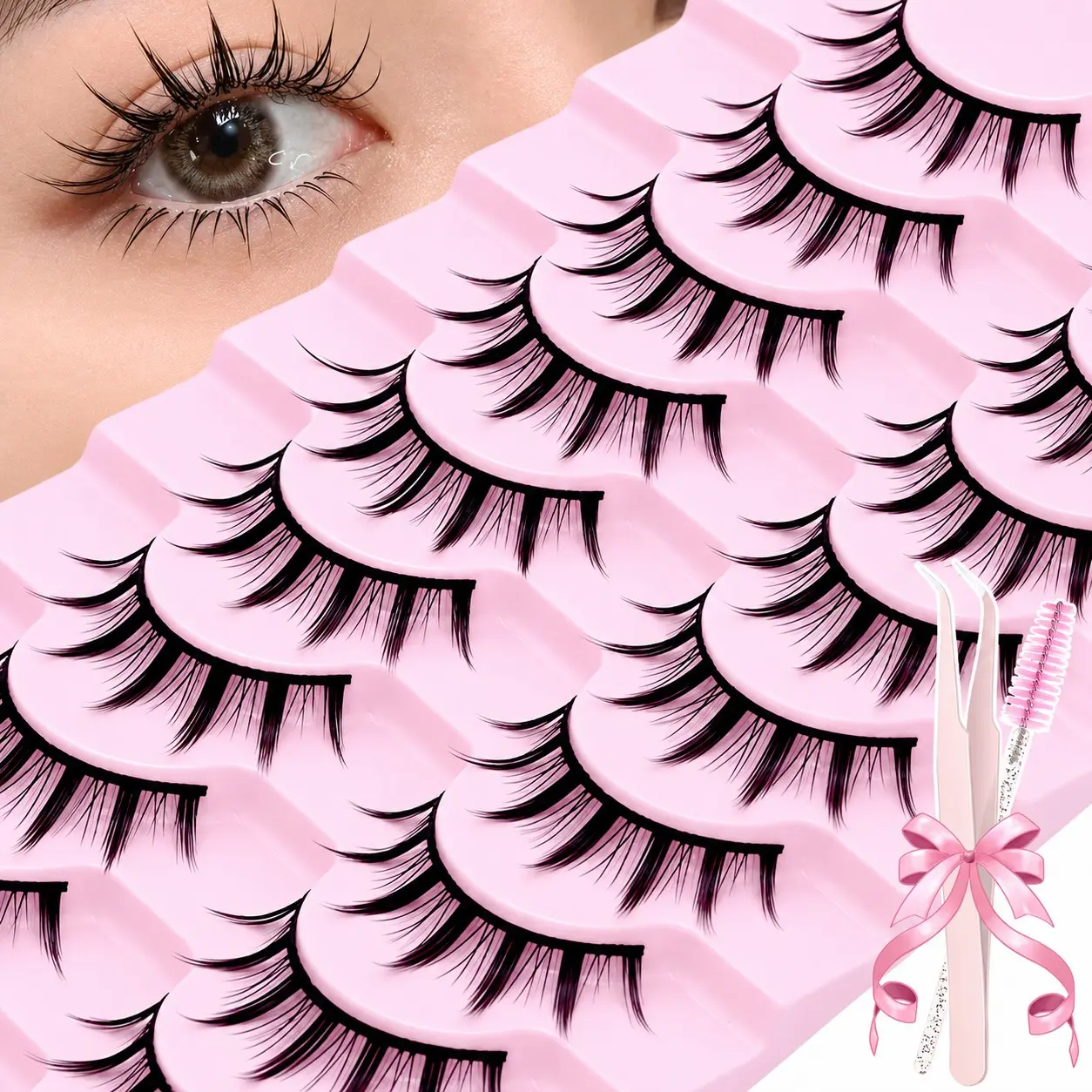10 Pairs Natural Wispy Half Lashes with Tweezers, Soft Fluffy Volume Cat Eye False Eyelashes, Lightweight Reusable Short Strip Lashes, Easy to Apply for Beginners, Daily Makeup, Party & Christmas Gift for Women