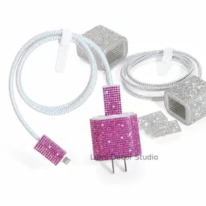 Luxury Rhinestone Mobile Cable Protector Set - Anti-Break Cord Sleeve, Glitter Charging Block Cover for Daily Phone Charger Protection Accessory