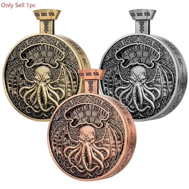 Double Theme Dragon Cthulhu Pattern Press Turntable Dice Wheel, Creative Metal 7-In-1 Dice Spinner, Vintage Dragon/octopus Embossed Turntable Dice Wheel, Indoor Entertainment Rpg Game Accessory