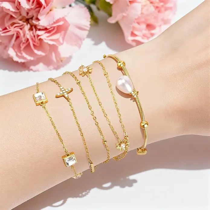 Tibitdeer 4-Piece 18K Gold Plated Stackable Bracelet Set - Tennis Chain, Snake, Link Styles - Hypoallergenic Costume Jewelry Gift for Her