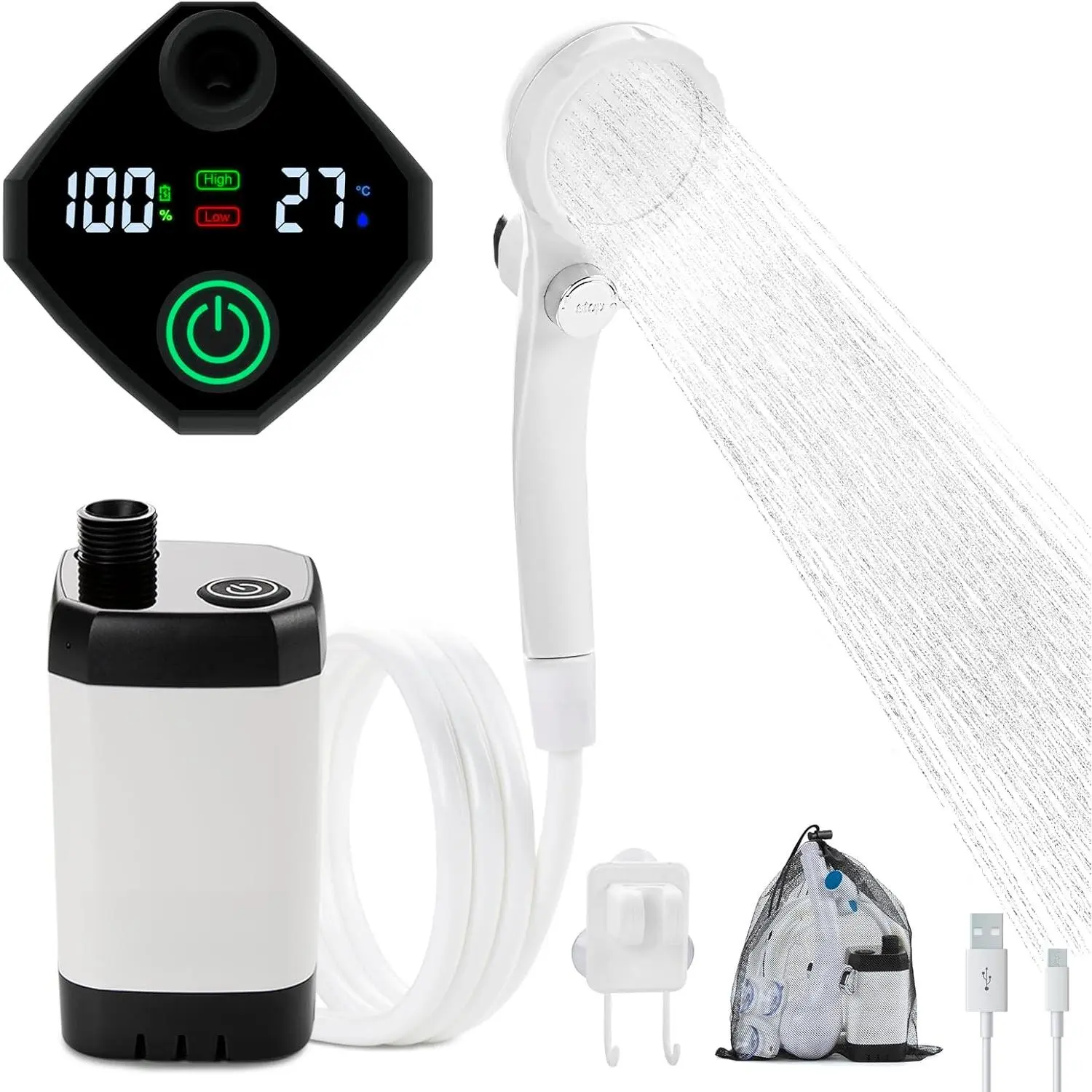 Portable Camping Shower, 6000mAh Rechargeable Camp Shower Pump with LED Display, 2 Mode Electric Portable Shower  Camping, Hiking, Travelling, Washing