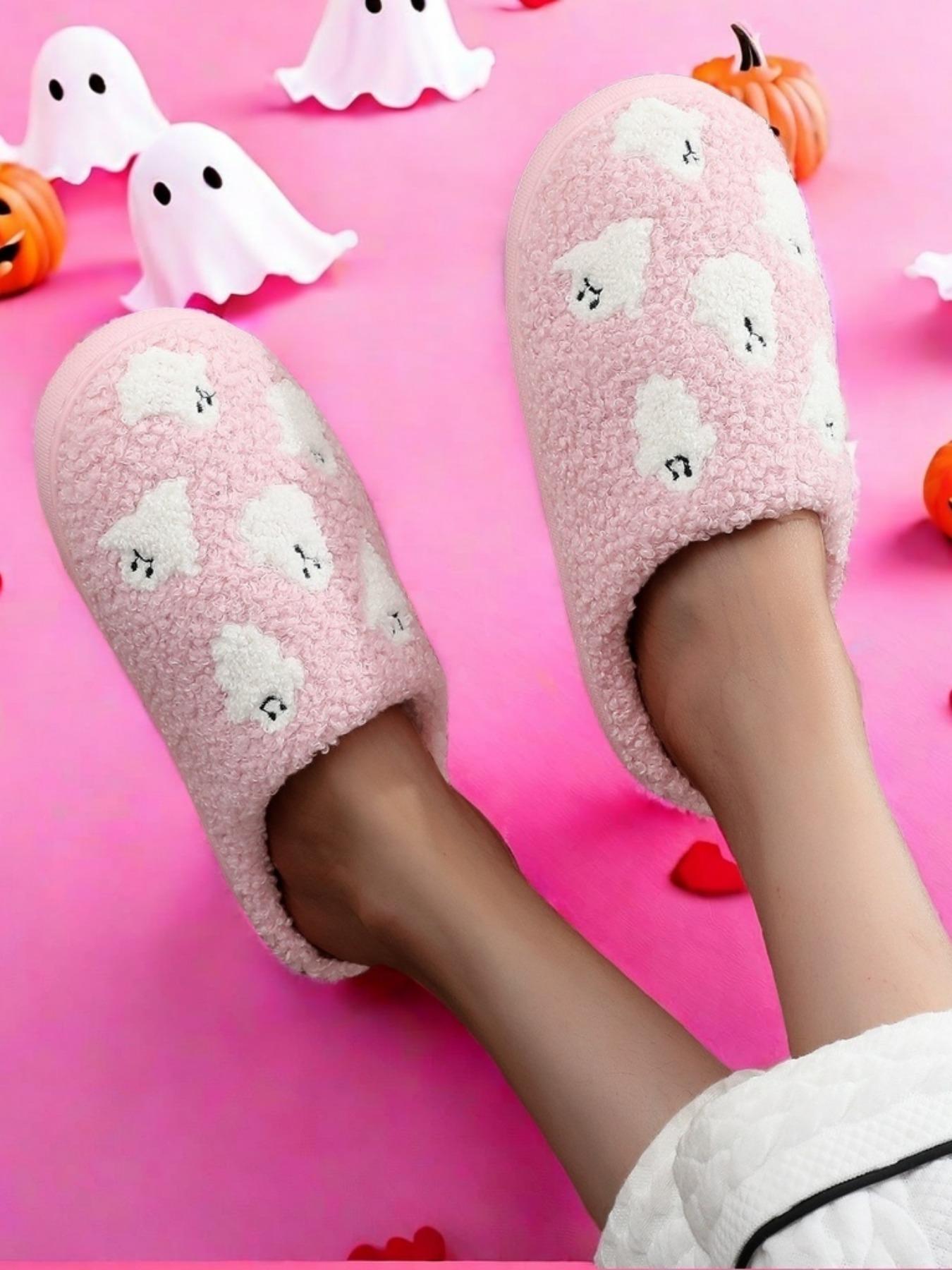Women's Cute Cartoon Ghost Pattern Plush Slippers, Warm Casual Soft Comfortable Home Slippers, Warm Slippers for Indoor & Outdoor Use for All Seasons, Flat Slipper
