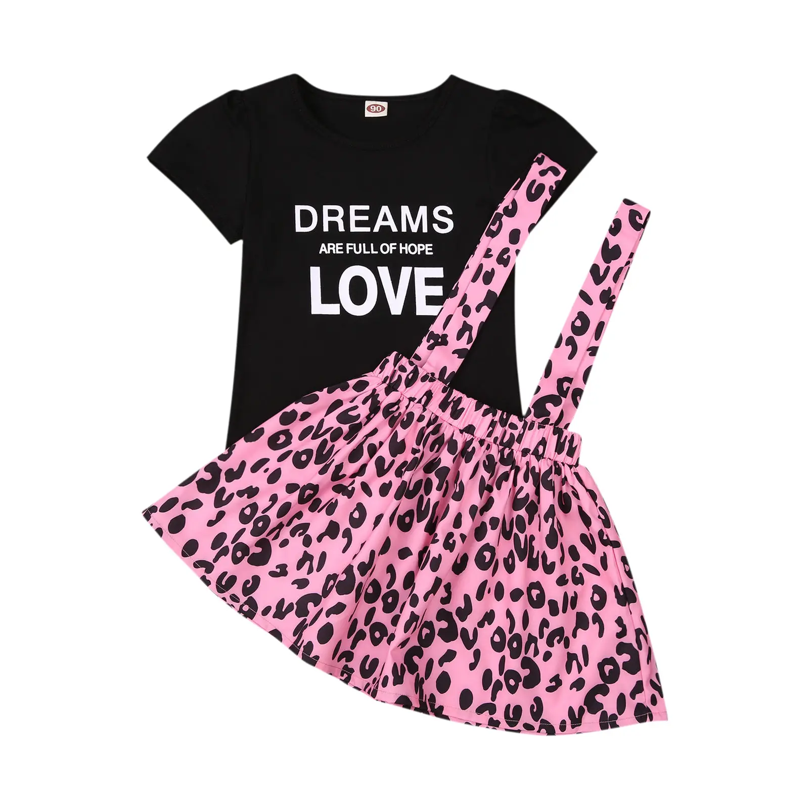 Girls 2 Piece Set Letter Print Round Neck Short Sleeve T Shirt with Leopard Suspender Skirt Cute Summer Outfit