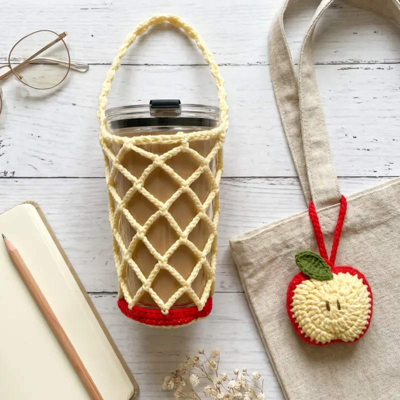2-in-1 Handmade Crochet  Apple Home Decor, Reusable Insulated Coffee Cozy,  Hanging Decoration Bag & Key