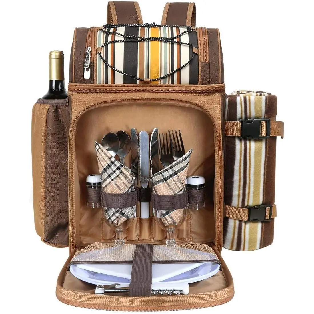 Picnic Basket Backpack for 2 Person with 2 Insulated Cooler Compartment, Wine Holder, Fleece Blanket, Cutlery Set, Wedding Gifts for Couples, Bridal Shower Gifts, Engagement Gifts