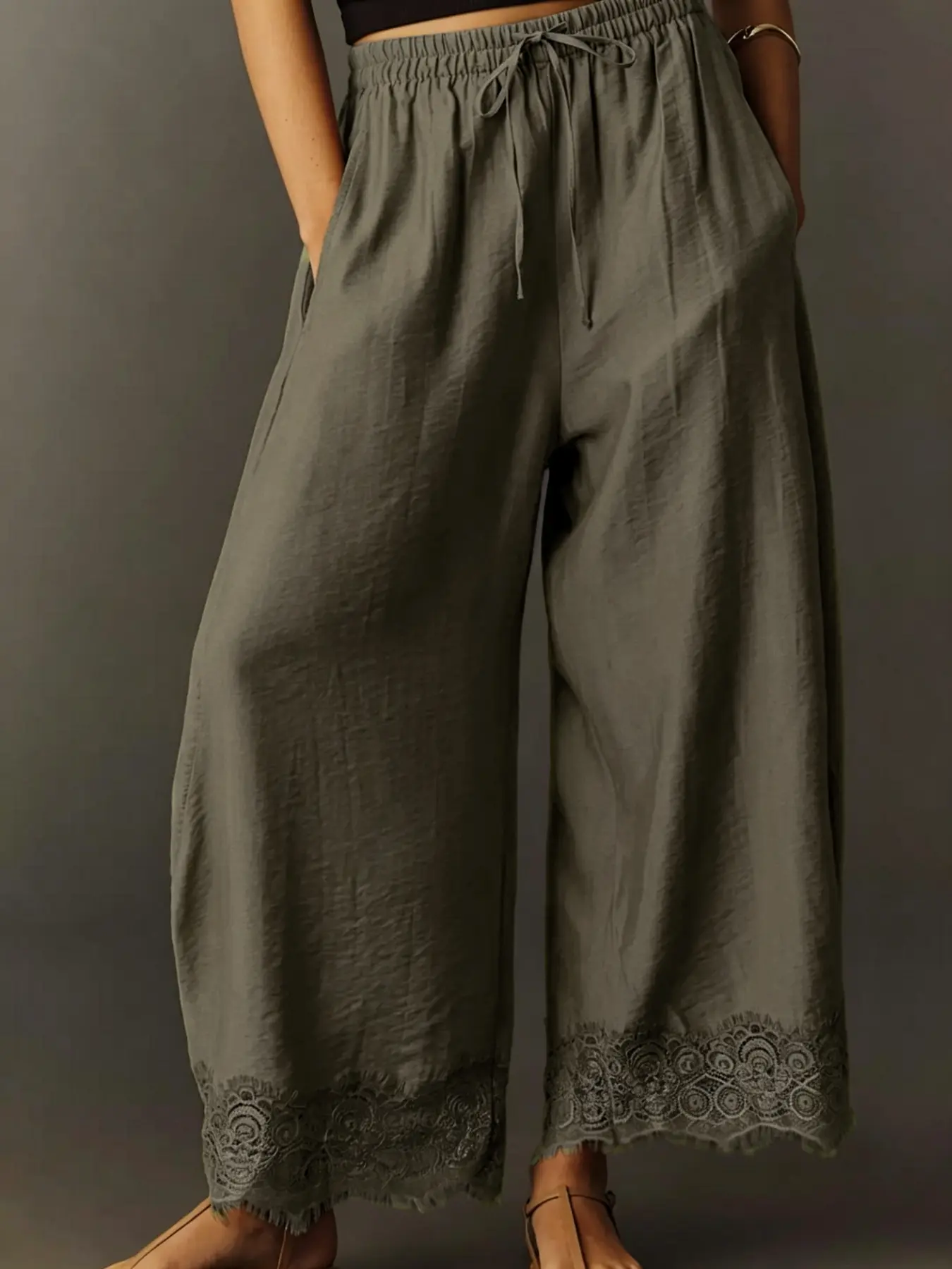 1pc Women's Curved Wide-Leg Pants, Elastic Waist Long Trousers with Exquisite Lace Spliced Hem, Elegant Slim-Fit Lace Wide Leg Pants
