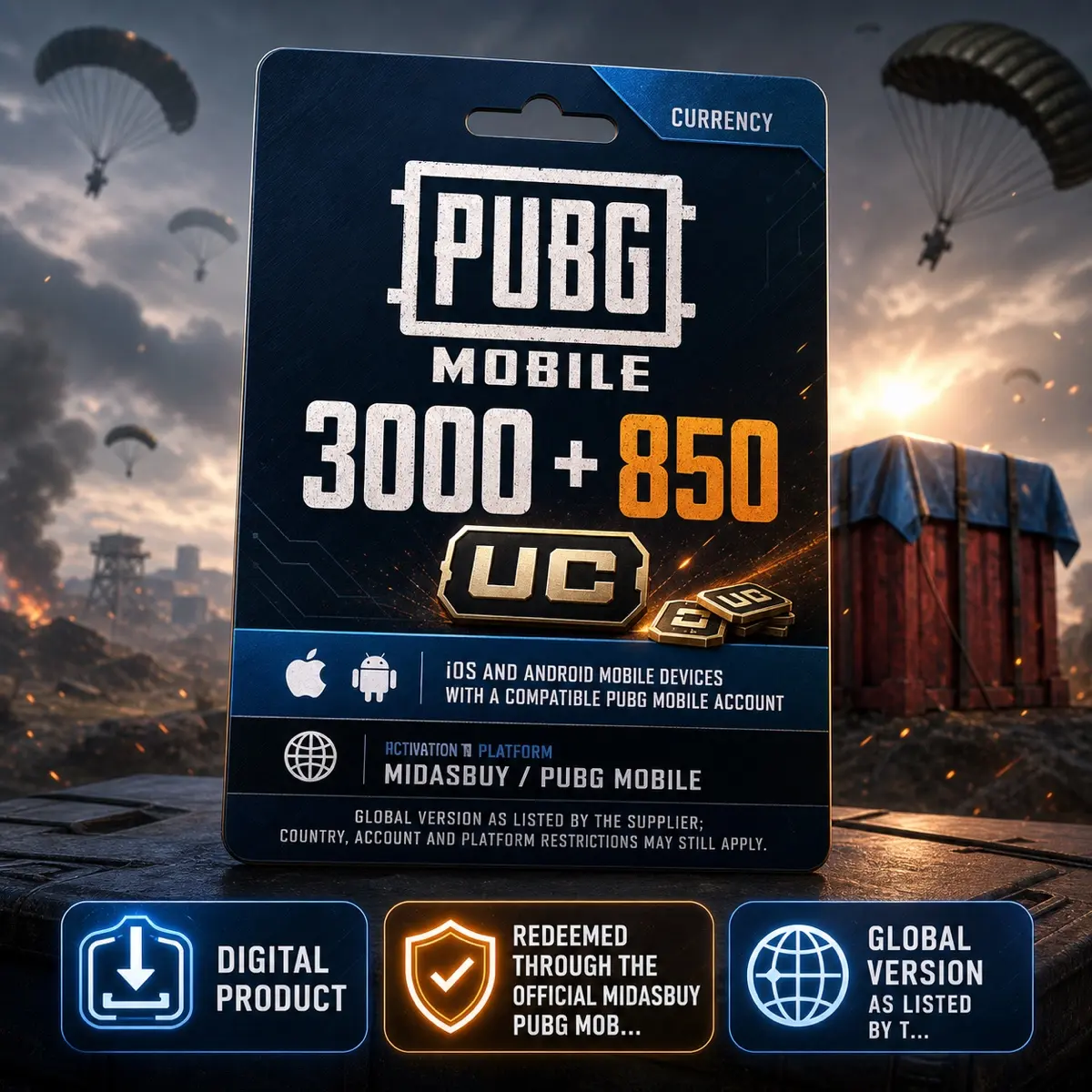 PUBG MOBILE 3000 + 850 UC Digital Code, Currency, iOS and Android mobile devices with a compatible PUBG MOBILE account, Midasbuy / PUBG MOBILE, Global version as listed by the supplier