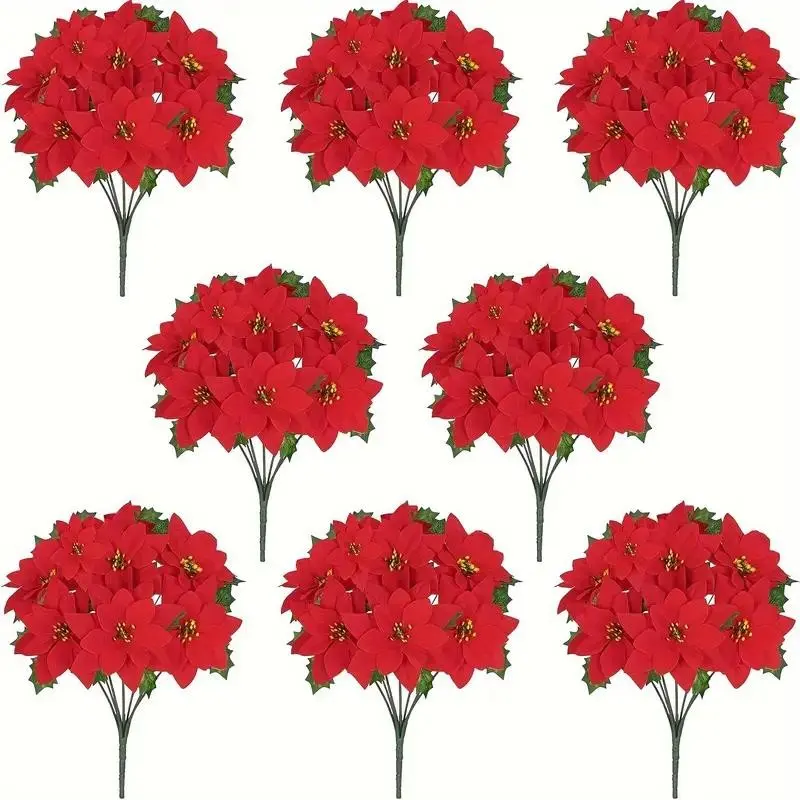 8pcs Realistic Poinsettia Flowers, 56 Blooms Christmas Tree & Home Decor, Indoor Outdoor Holiday Decoration, Durable Artificial Flowers