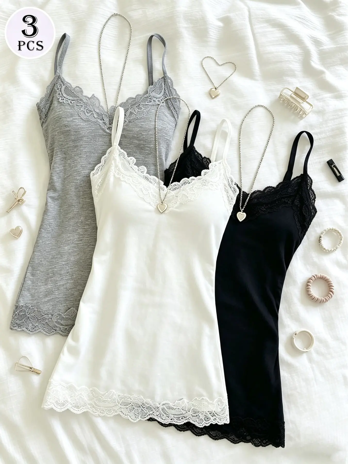 3-Piece Set Women’s Lace-Trim Tank Tops, Basic V-Neck Sleeveless Camisoles, Soft Knit Underwear, Comfortable Layering