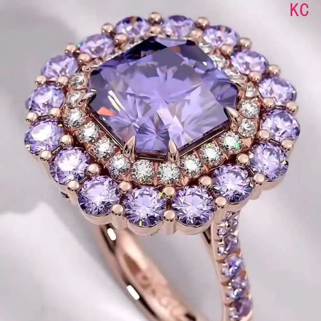 Rose Gold Open Ring Fully Inlaid Purple Zircon, Luxurious Ins Style Finger Jewelry For Women Daily Styling