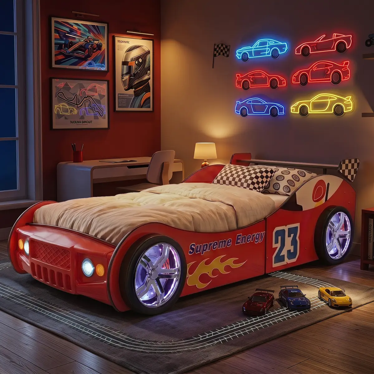 Supreme Energy Racing Car Bed with LED Wheel Lights