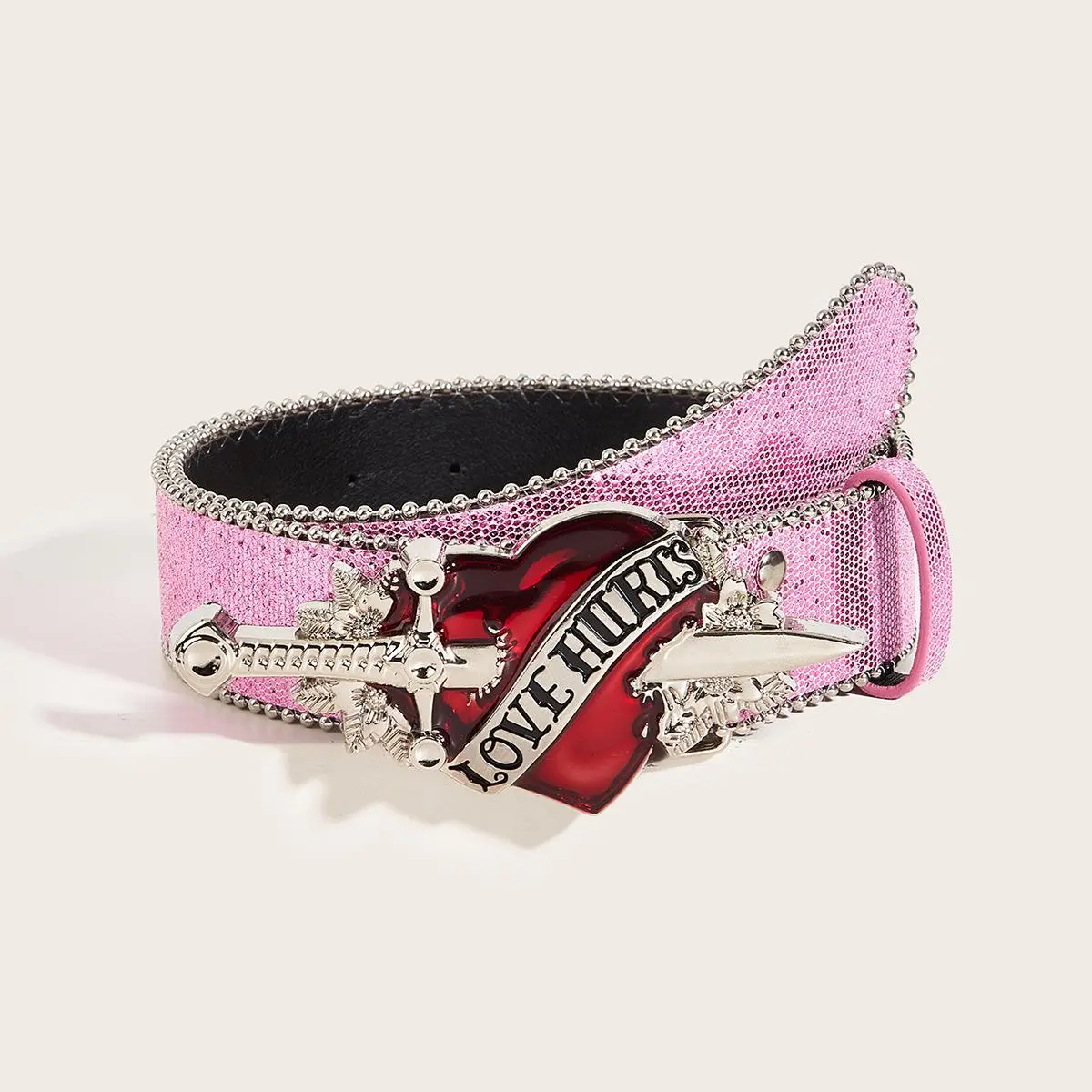 Women’s Pink Glitter Wide Belt, Gothic Dagger Heart Buckle Belt Engraved "Love Hurts", Y2K Punk Statement Waist Belt for Party Festival Streetwear
