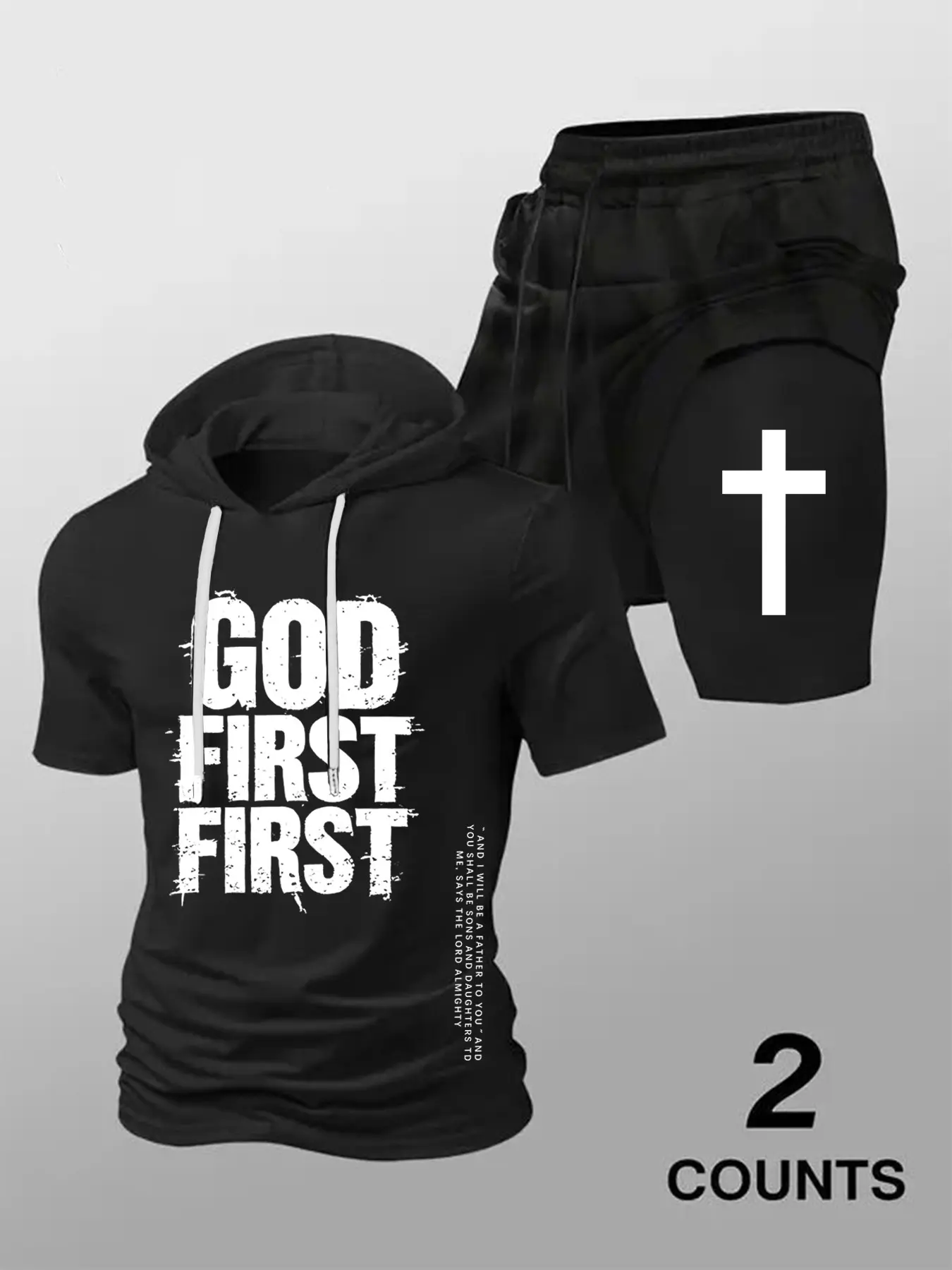 Men's Christian Casual Activewear Set, Hooded Short Sleeve T-Shirt + Cross Print Drawstring Shorts, Loose-Fitting Graphic, Unisex Style