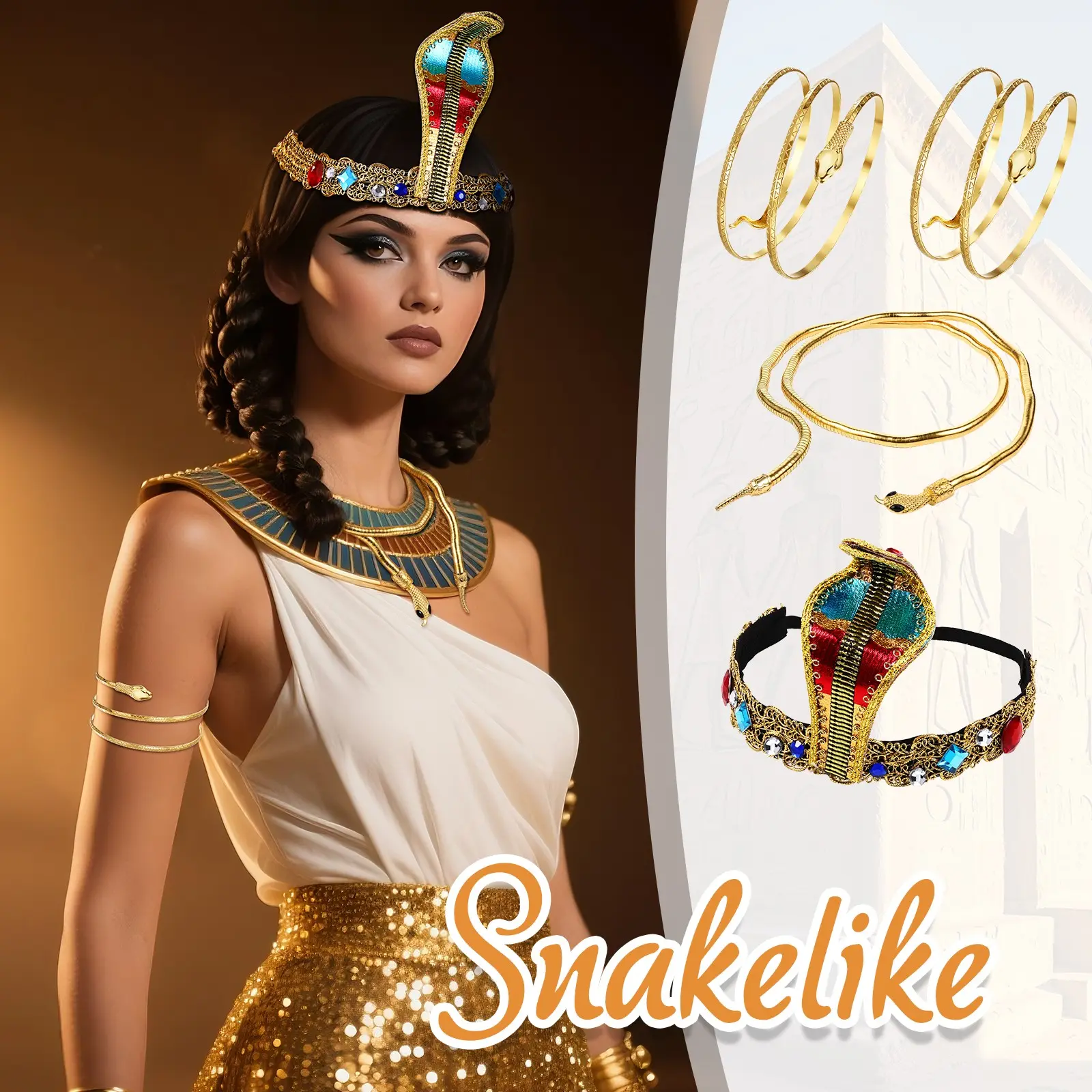 4pcs Cleopatra-Style Egypt-Themed Costume Accessories Set - Crown, Snake Arm Cuff, Queen Headdress, Ethnic Band Set Bracelets & Bangles with Adjustable Size, Egypt-Themed Bracelets & Bangles, Ethnic Bracelets & Bangles