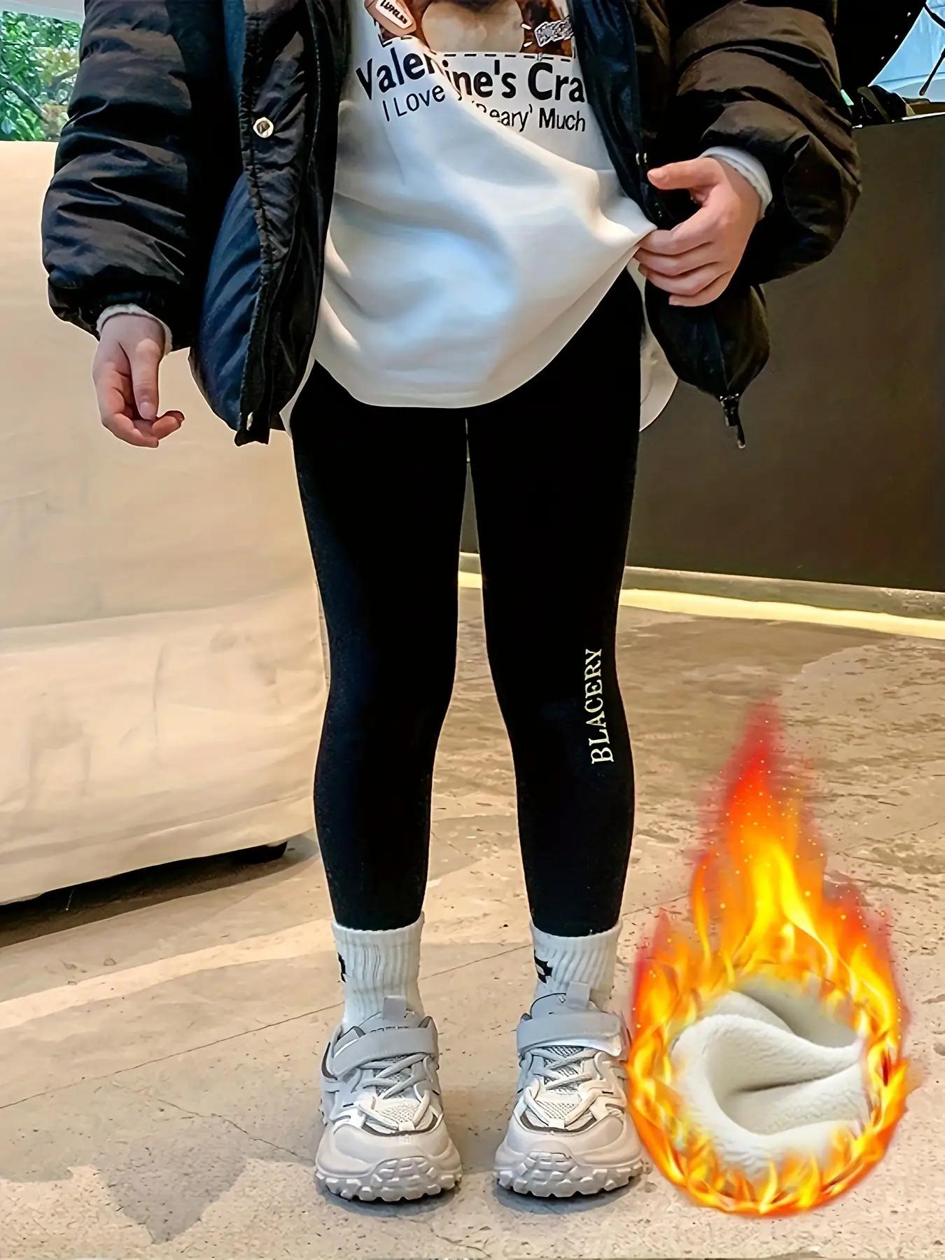 Cozy Fleece-Lined Girls' Leggings - Stretchy, Warm Winter Pants with Letter Print for Youngsters