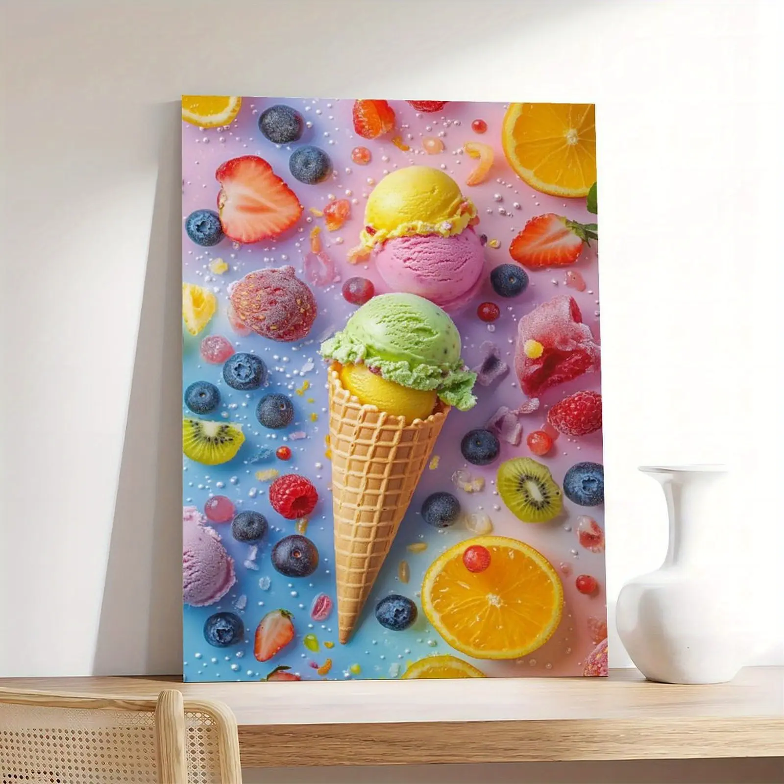 1-Piece Retro Wooden Framed Wall Decoration Canvas Painting - Colorful Ice Picks & Fresh Fruit Design, HD Printing, Multi-Size, Hook-and-Loop Installation, Modern Classic Home Decor for Living Room, Perfect Mother's Day Gift